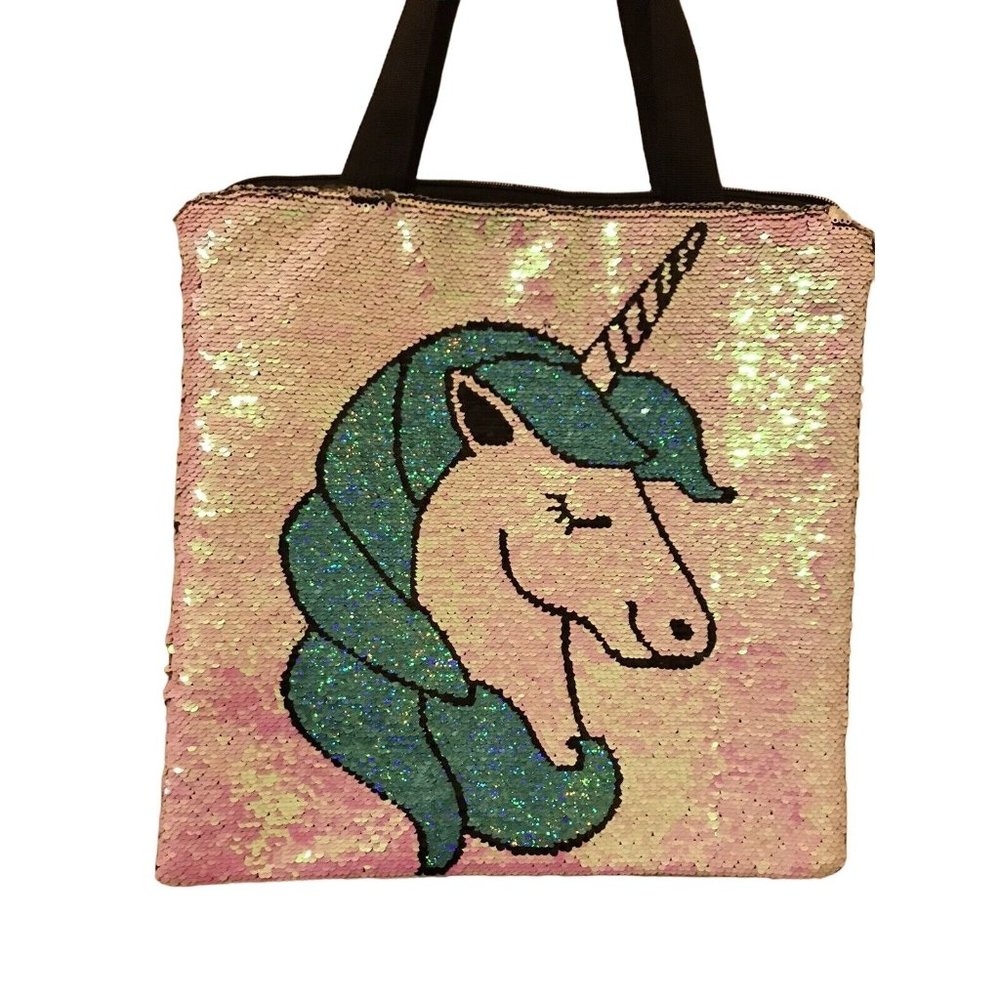 Pink Green Iridescent Unicorn Magic Sequin Tote Bag 14 1/2 x 15" Black Back